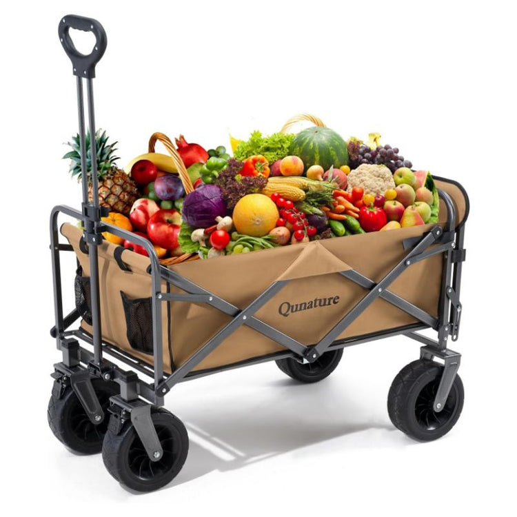 A khaki utility wagon filled with fruits and vegetables