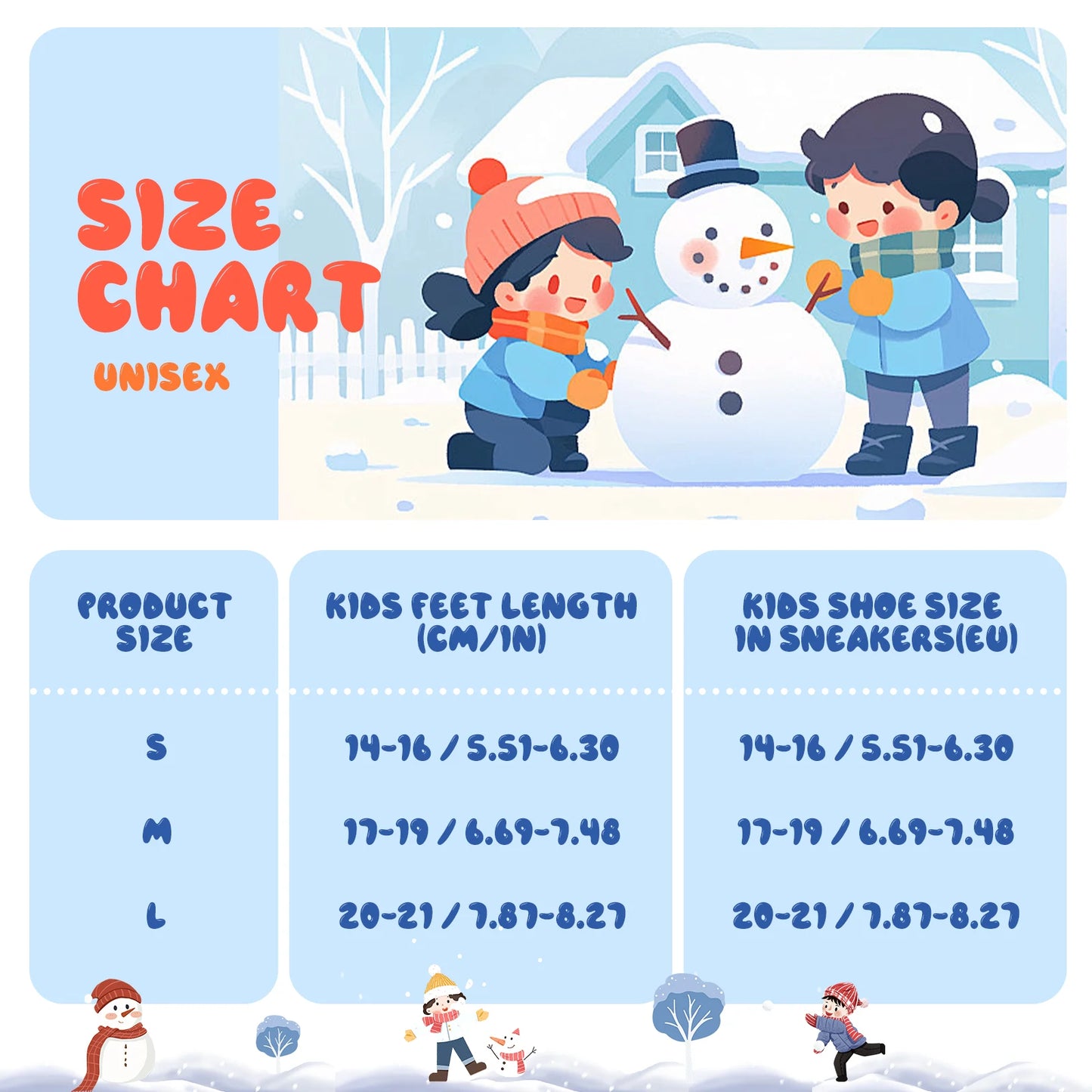 Size chart for children's shoes with a winter scene of kids and a snowman.