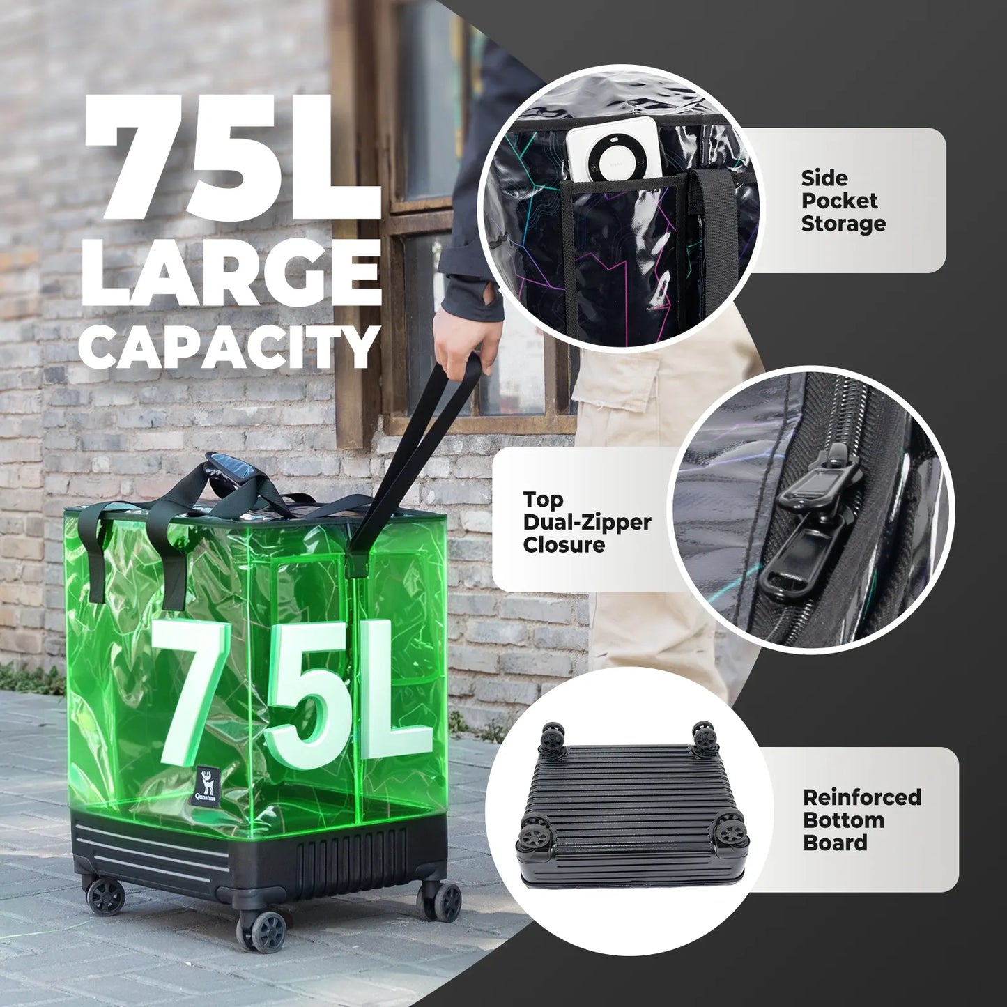 Black suitcase with 75L capacity on a white background