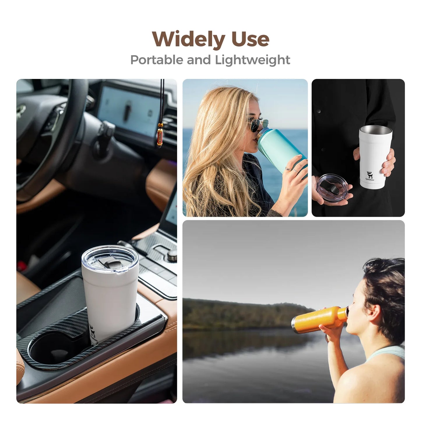 Collage of a portable cup used in a car, by a woman by a lake, and held by a person outdoors.