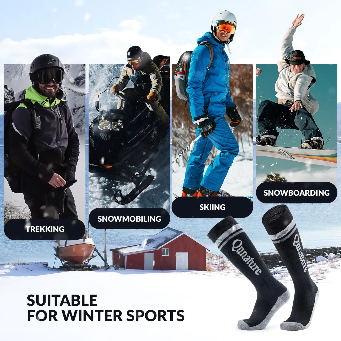 Collage of winter sports activities with people wearing Qunature socks.