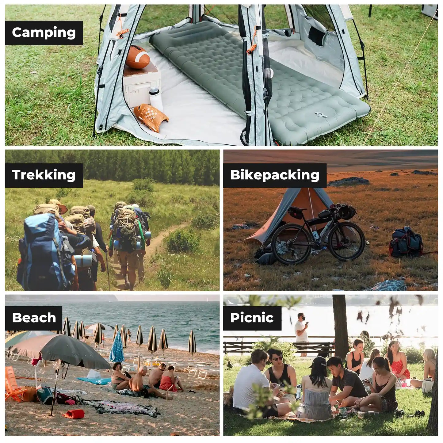 Collage of camping, trekking, bikepacking, beach, and picnic activities with relevant equipment and people.