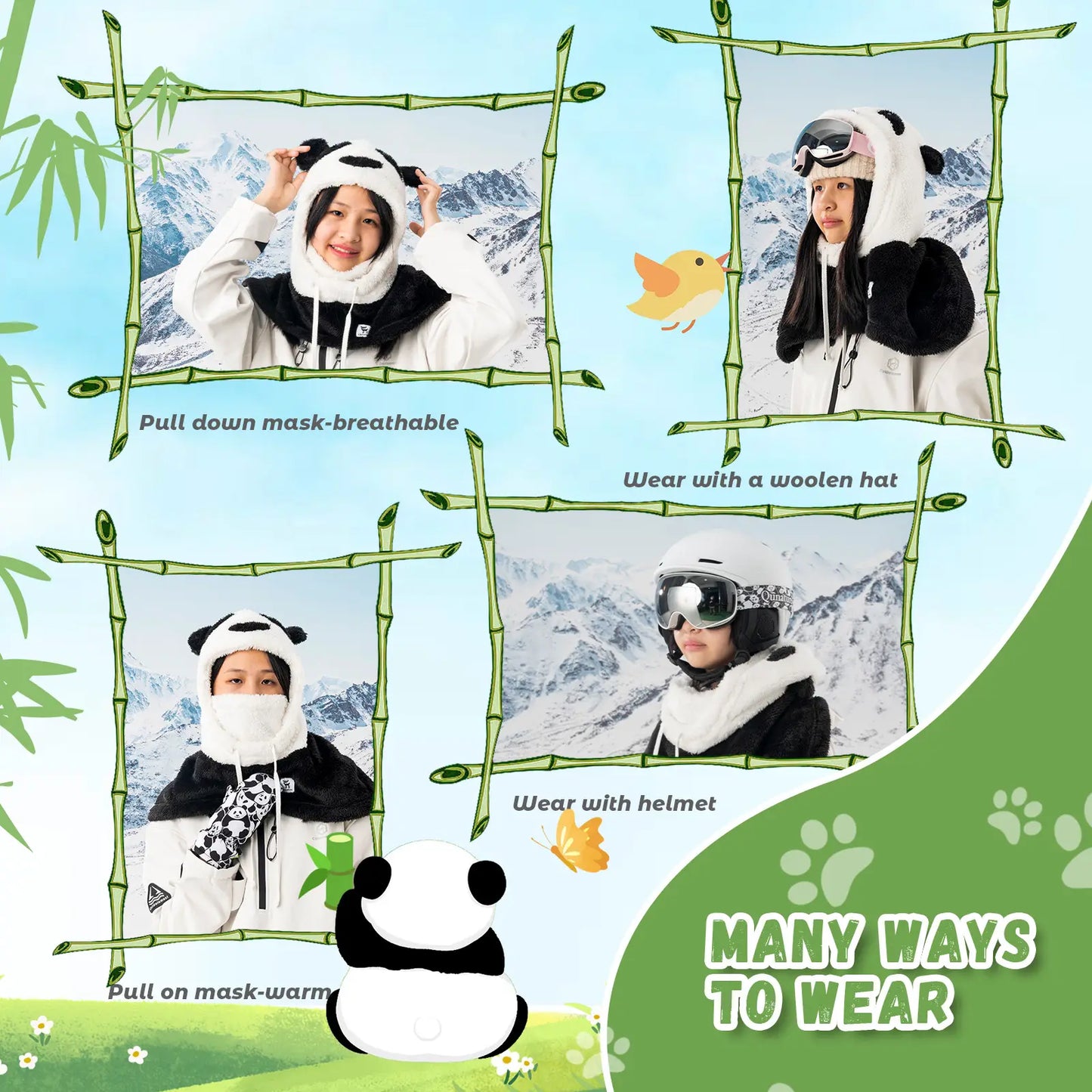 Panda-themed costume with various wearing instructions on a light blue background.