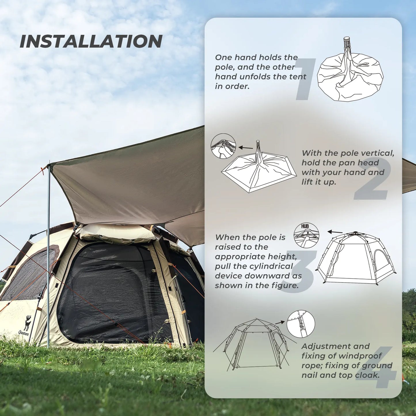 Camping tent with installation instructions on a clear day