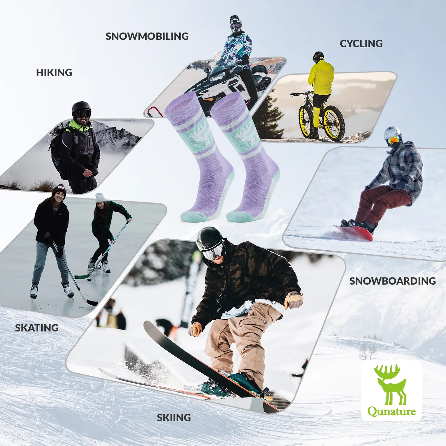 Collage of people engaging in winter sports with corresponding activities listed above each image.