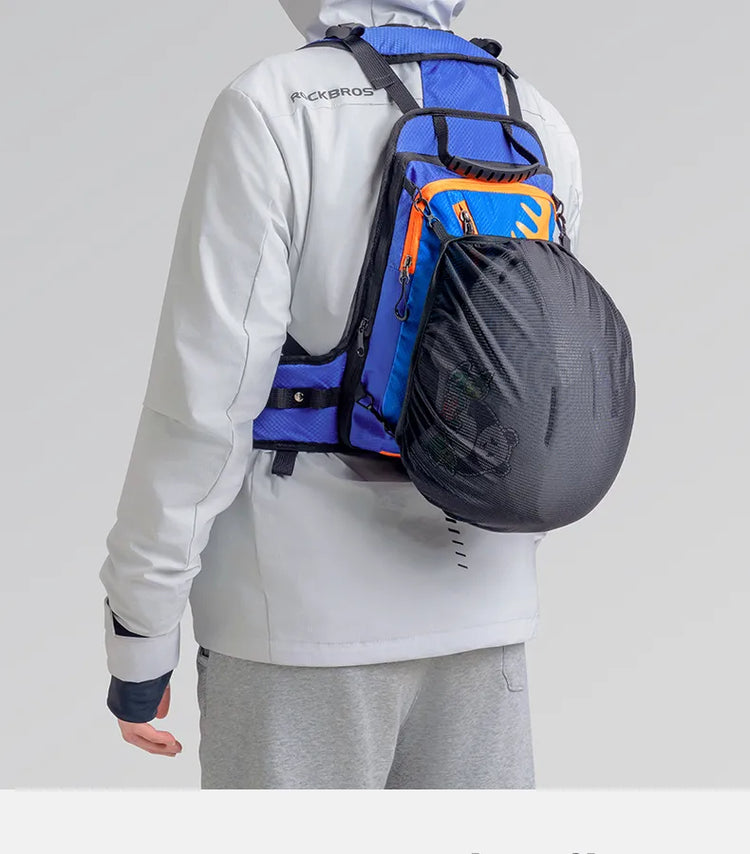 A child carries a blue ski training bag with a ball in the net pocket