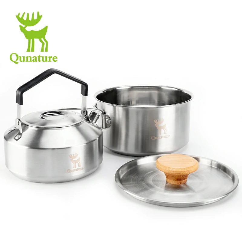 Qunature Stainless Steel Tea Set with Foldable Pot and Kettle for Outdoor Adventures