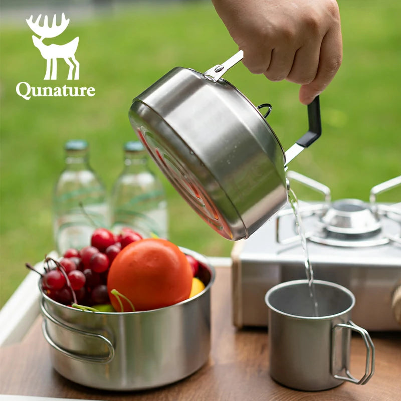 Qunature Stainless Steel Tea Set with Foldable Pot and Kettle for Outdoor Adventures