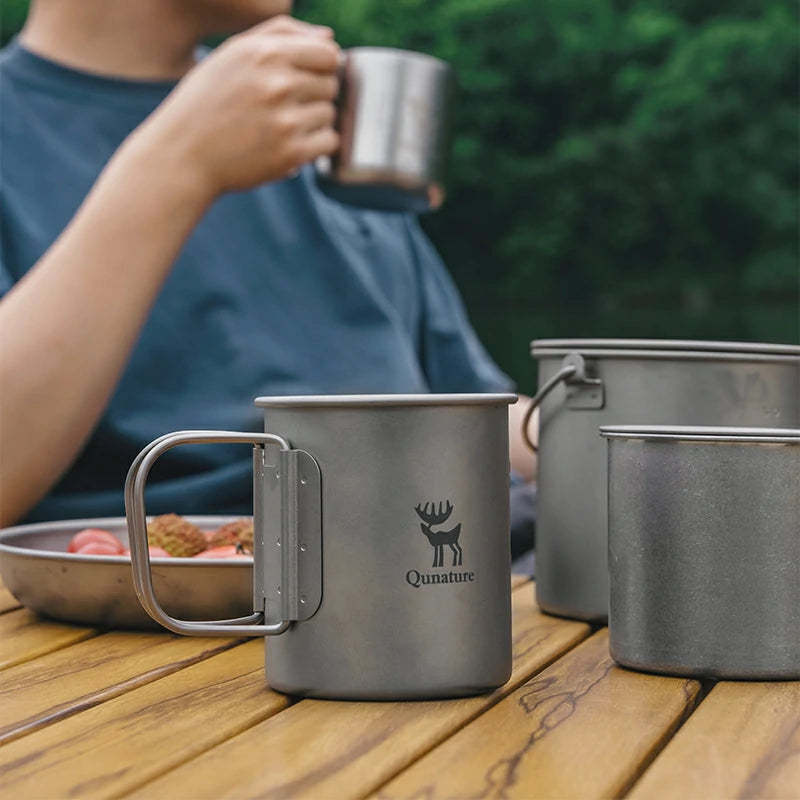 Qunature Pure Titanium Folding Mug Lightweight Durable with Lid for Outdoor Camping