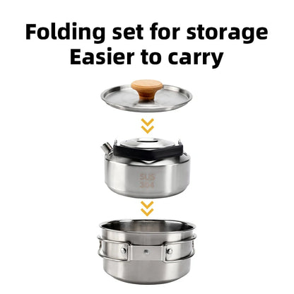 Stainless Steel Tea Set with Foldable Pot and Kettle for Outdoor Adventures
