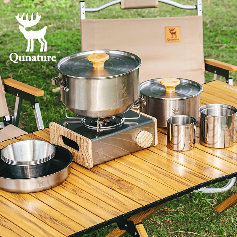 Qunature 304 Stainless Steel 5-Piece Camping Cookware Set with Teflon Coating