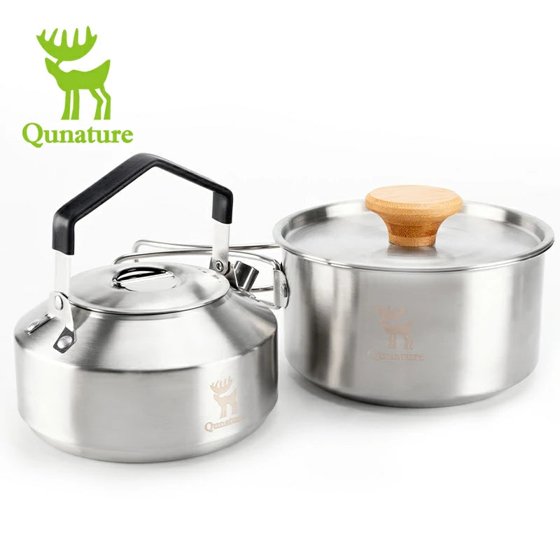 Qunature Stainless Steel Tea Set with Foldable Pot and Kettle for Outdoor Adventures