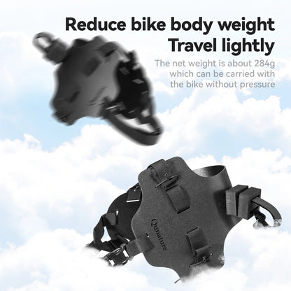 Black bike cargo holder with text on a cloudy sky background