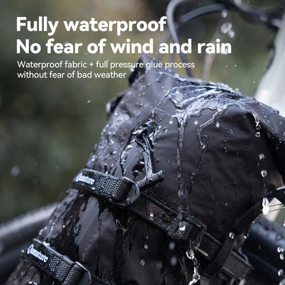 Black waterproof bag with water droplets on it, text indicating waterproof properties.