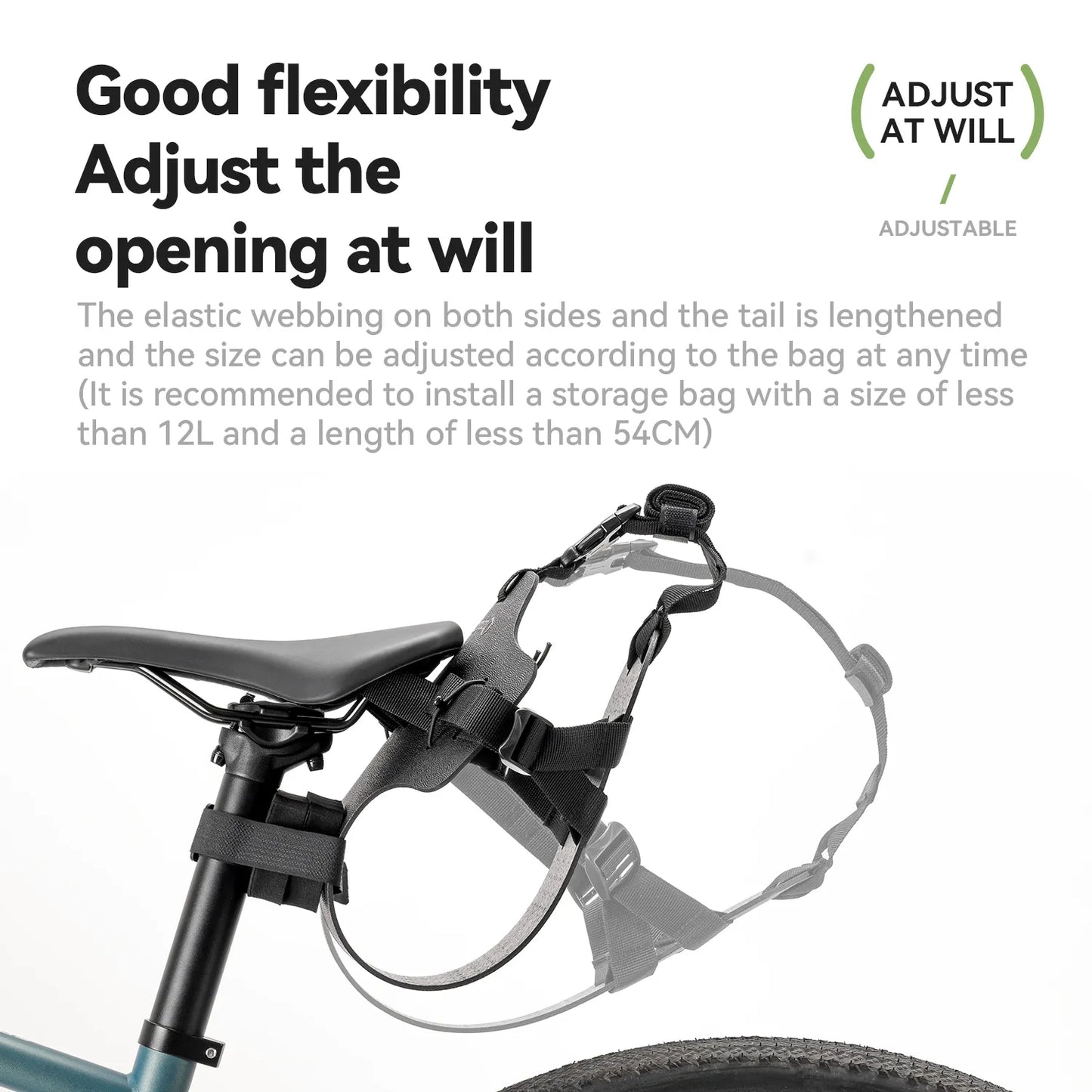 Bicycle seat with adjustable strap and text describing flexibility and adjustability.