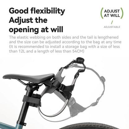 Bicycle seat with adjustable strap and text describing flexibility and adjustability.