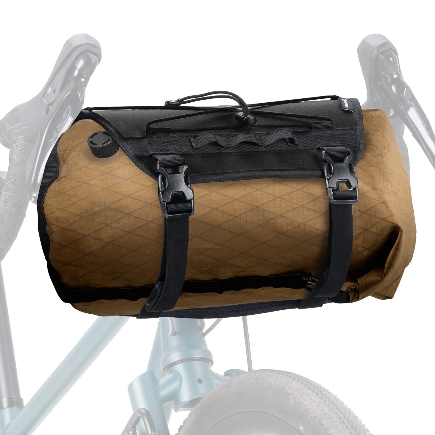 Brown quilted bike bag with black straps on a bicycle frame against a white background