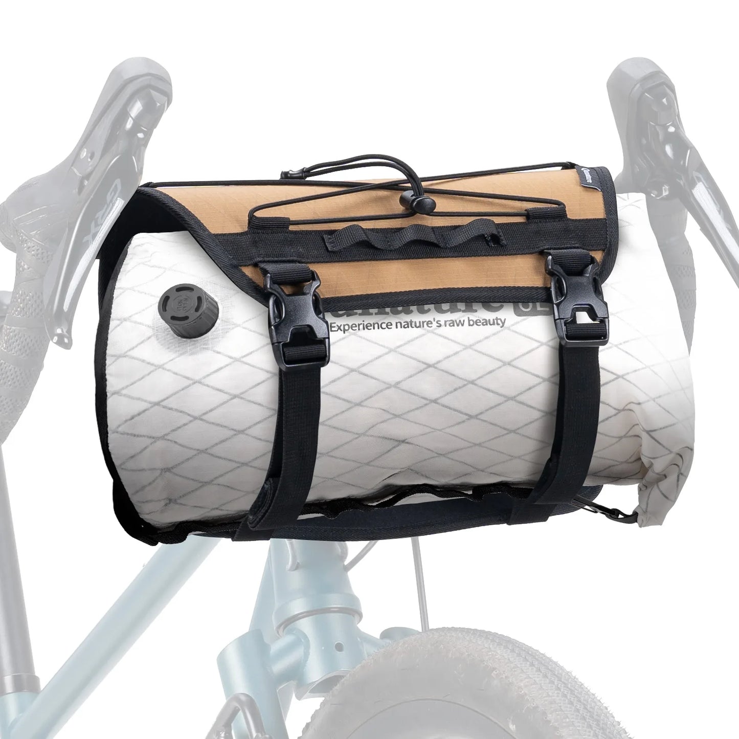 Bicycle saddle bag with quilted white design and tan top section on a bike frame.