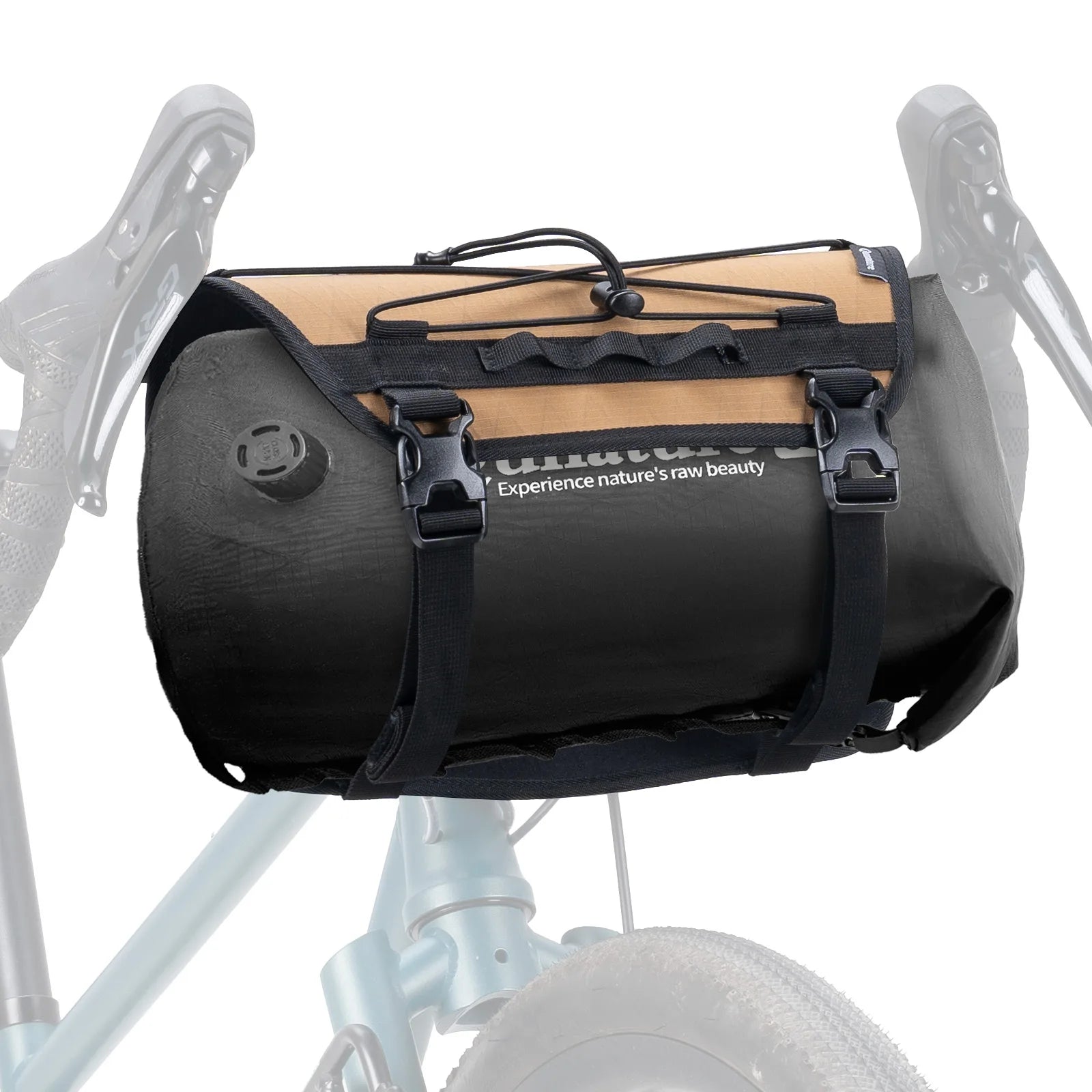 Black and beige bike bag attached to a bicycle on a white background