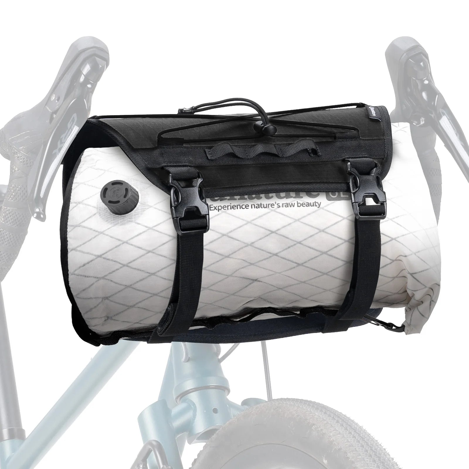 White quilted bike bag with black straps on a bicycle