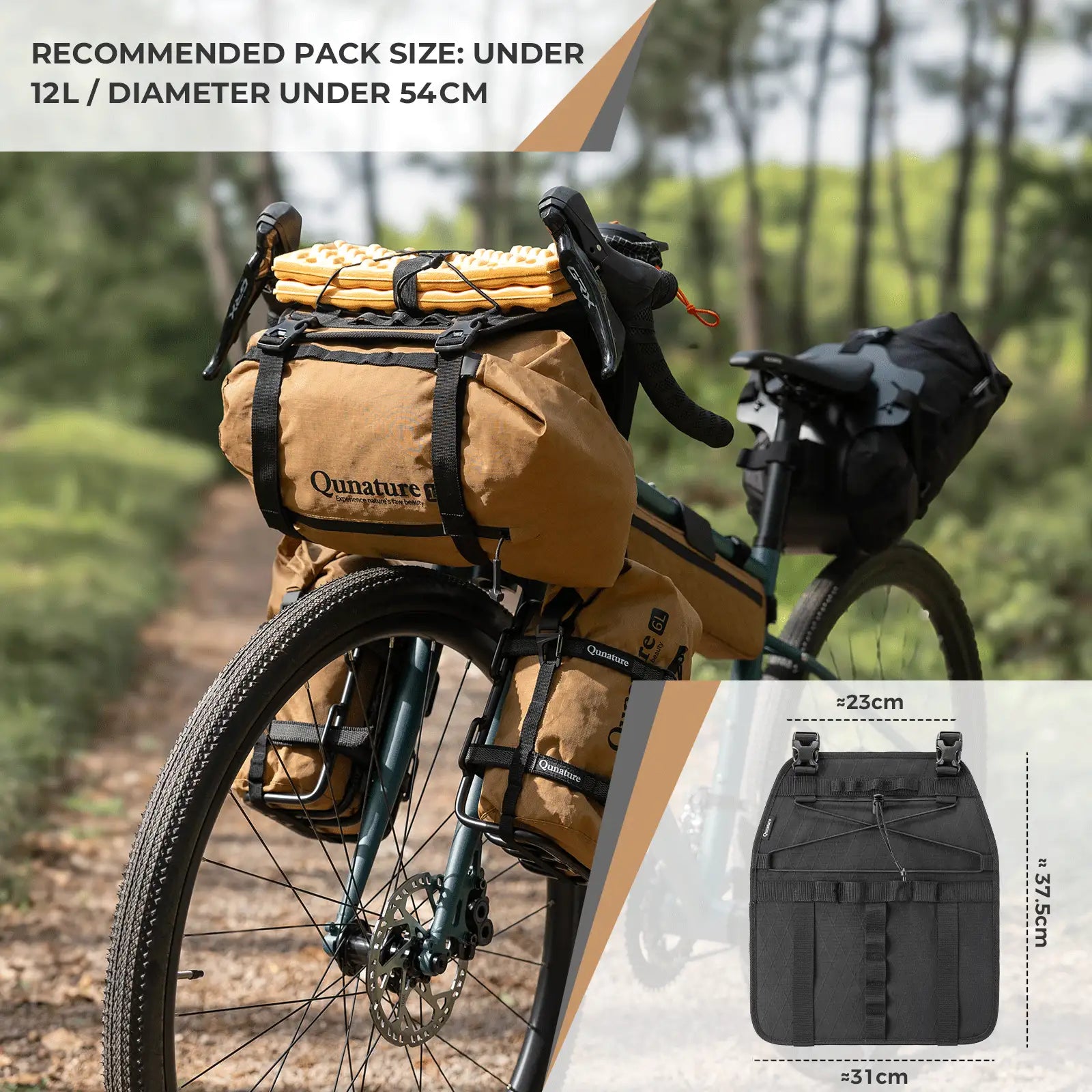 Bicycle with Qunature bags on a forest path, showing recommended pack size.