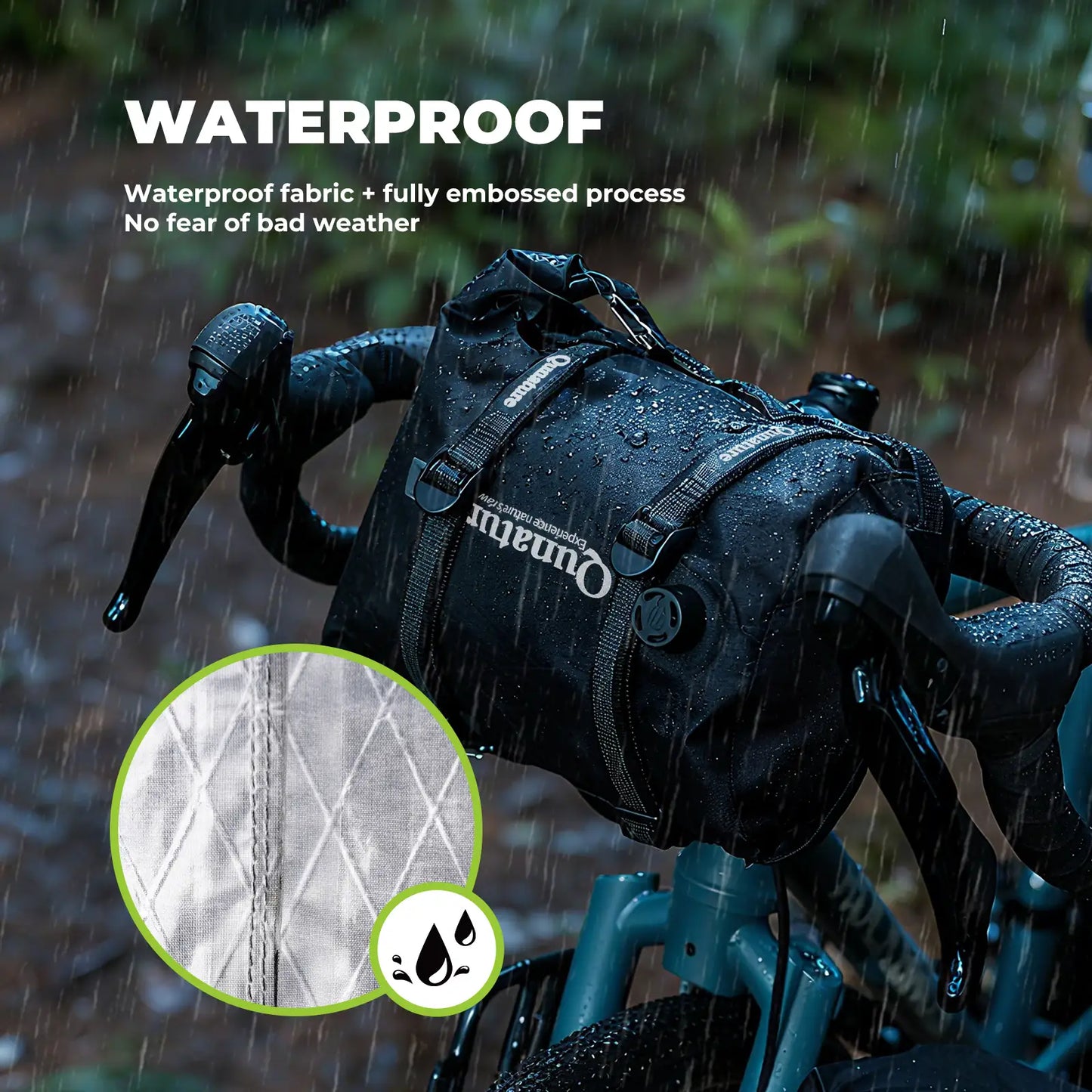 Waterproof bike bag with raindrops on a bike in the rain, featuring the brand 'Qunature'.