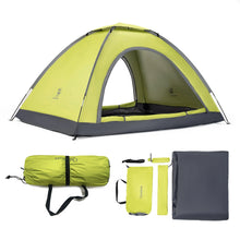 Green camping tent with many accessories