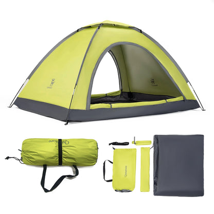 Green camping tent with many accessories
