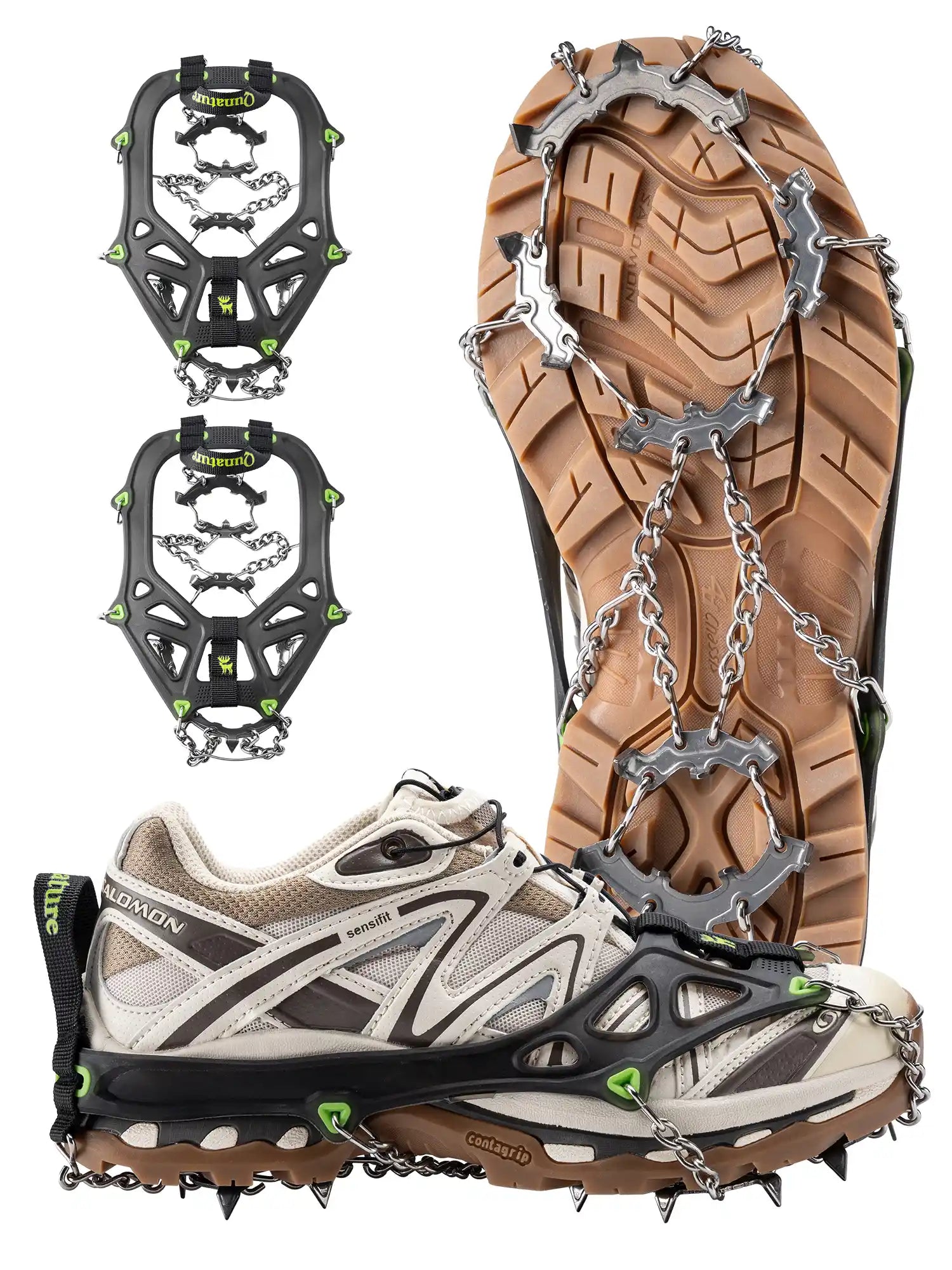 Ice cleats attached to a shoe on a white background