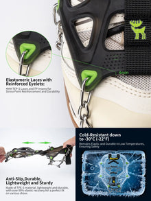 Shoe with crampon attachment and text highlighting features like elastomeric laces and cold-resistant design.