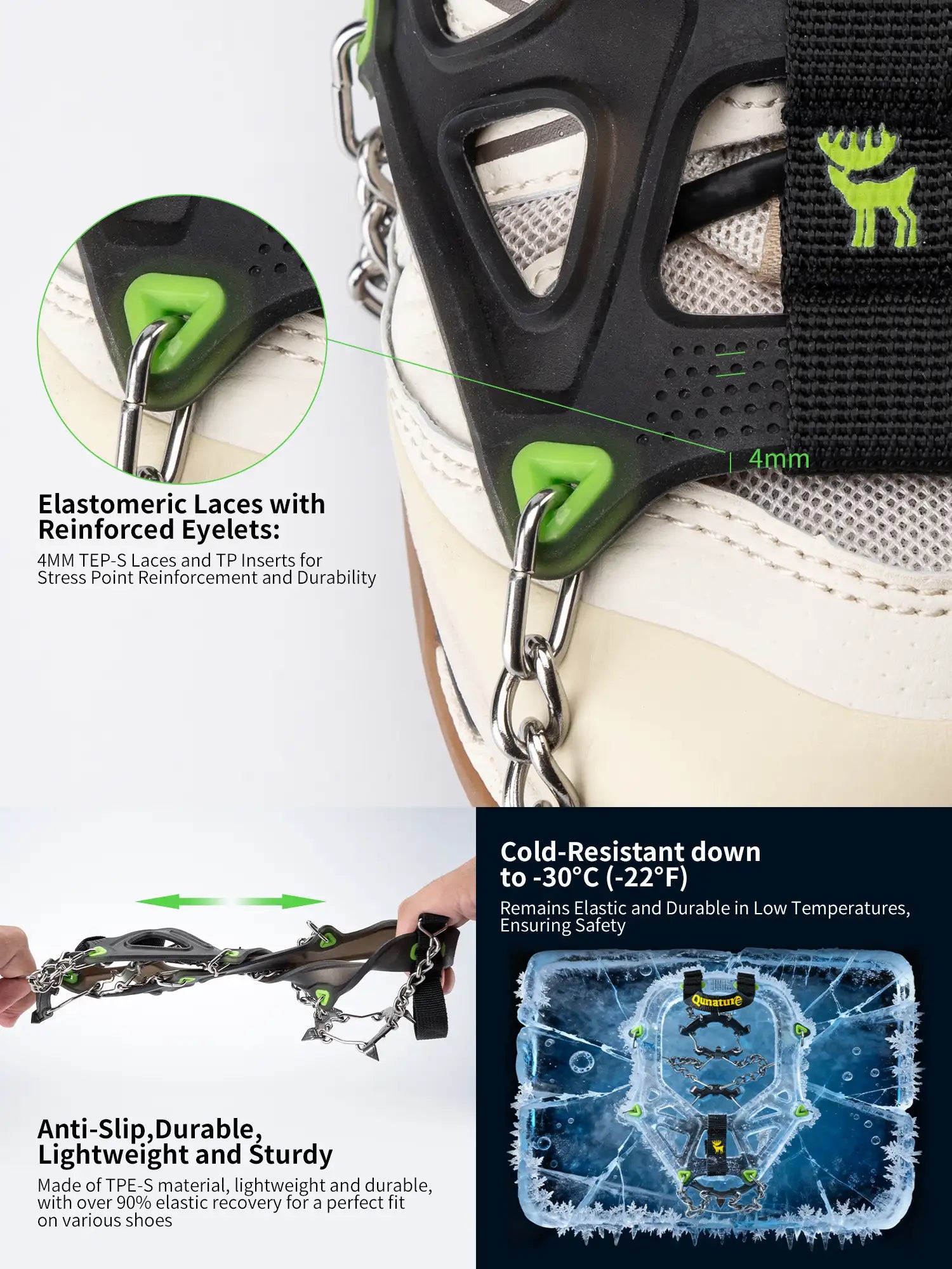 Shoe with crampon attachment and text highlighting features like elastomeric laces and cold-resistant design.