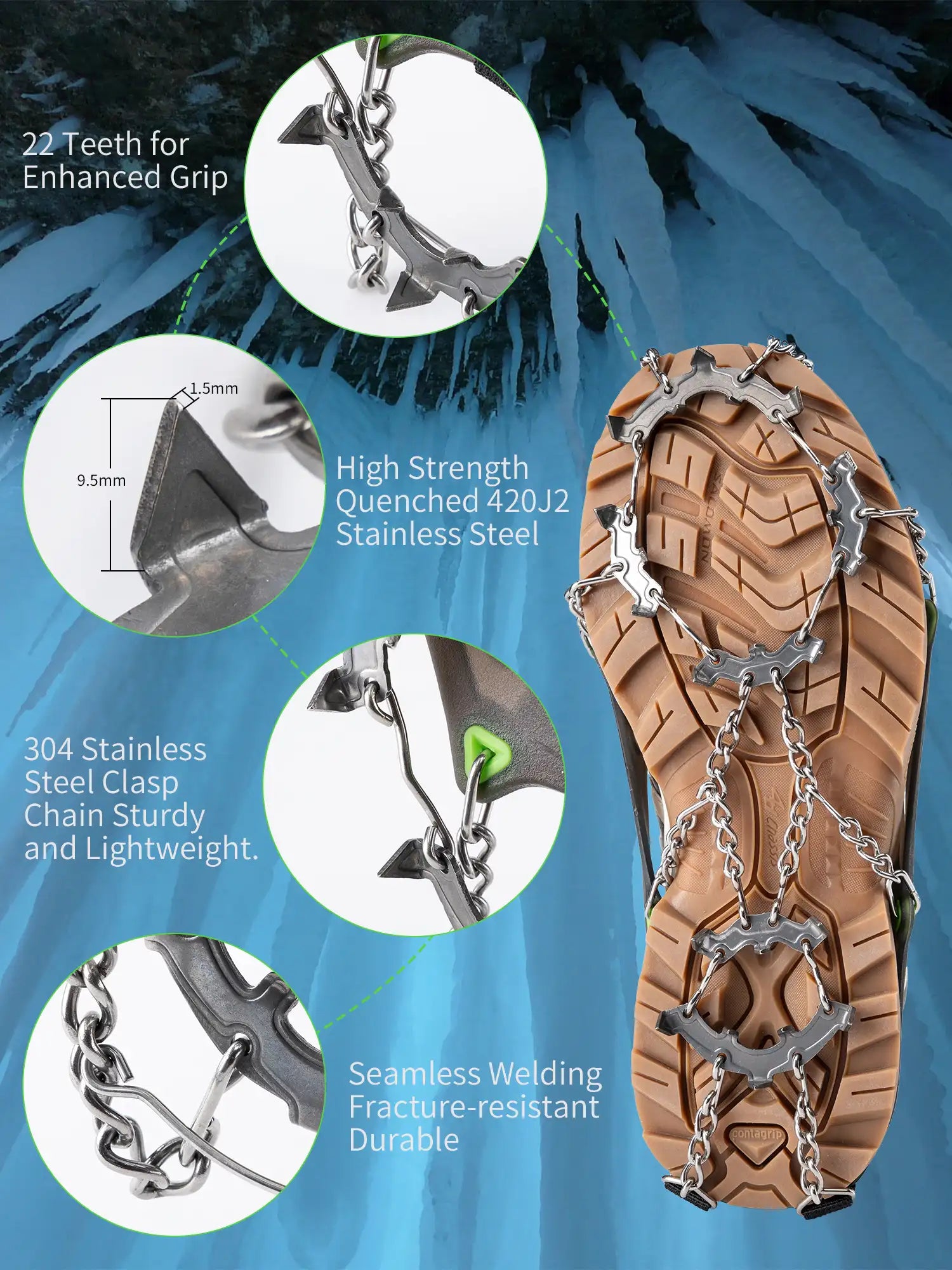 Ice cleats with stainless steel chains on a blue background