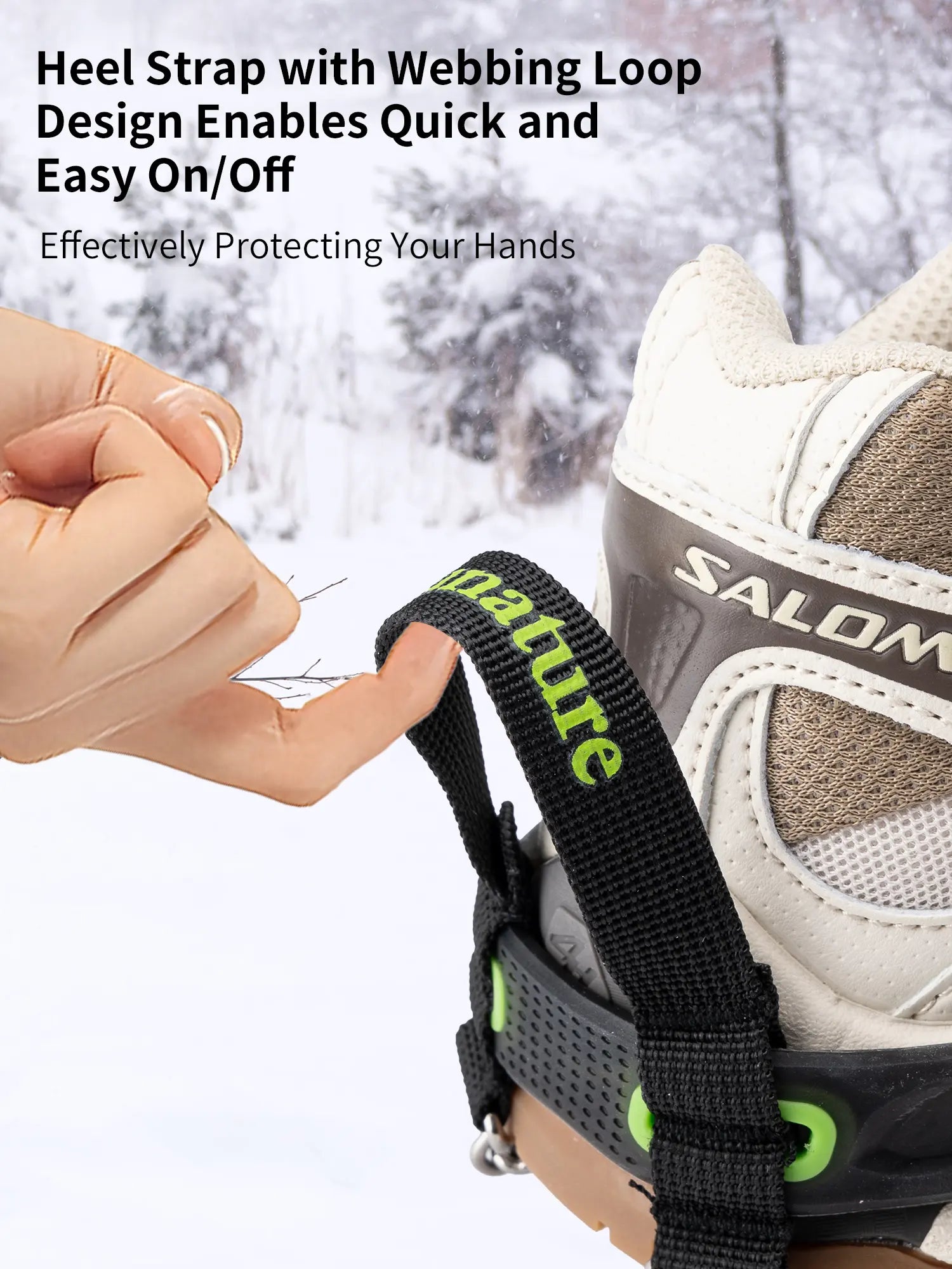 Heel strap with webbing loop on a Salomon shoe, with text highlighting its features.