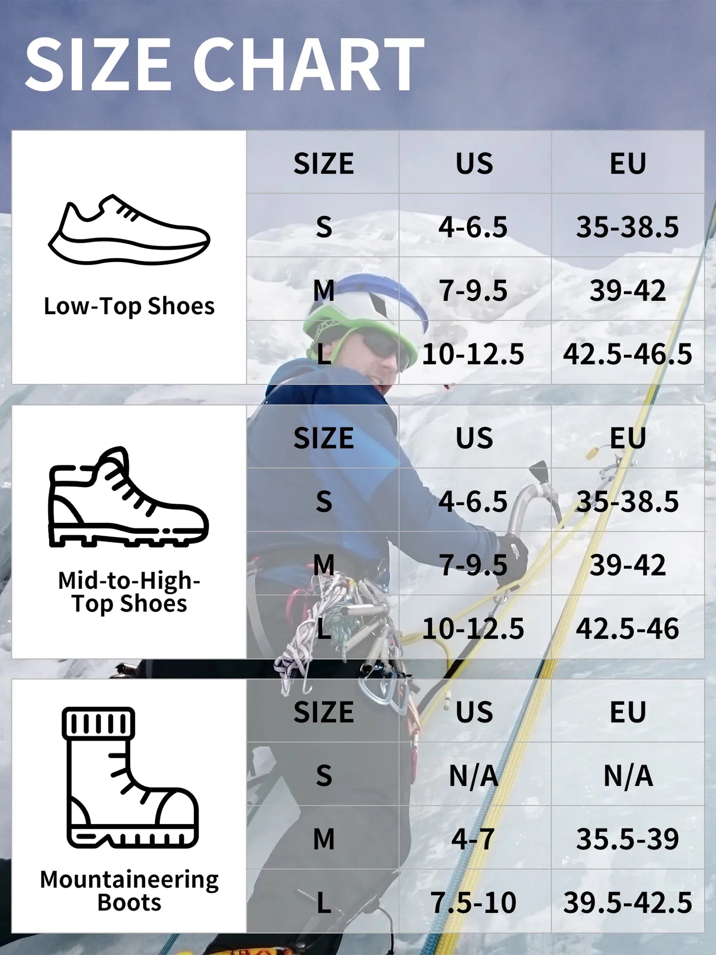 Size chart for shoes with a person in a snowy landscape