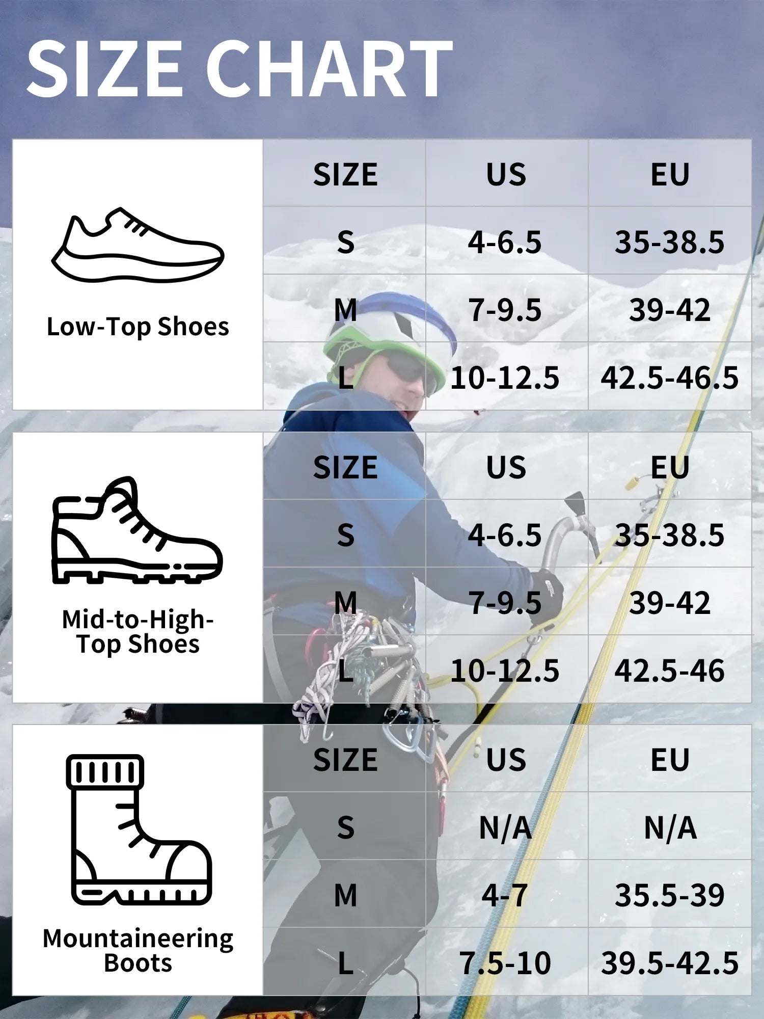 Size chart for shoes with a person in a snowy landscape