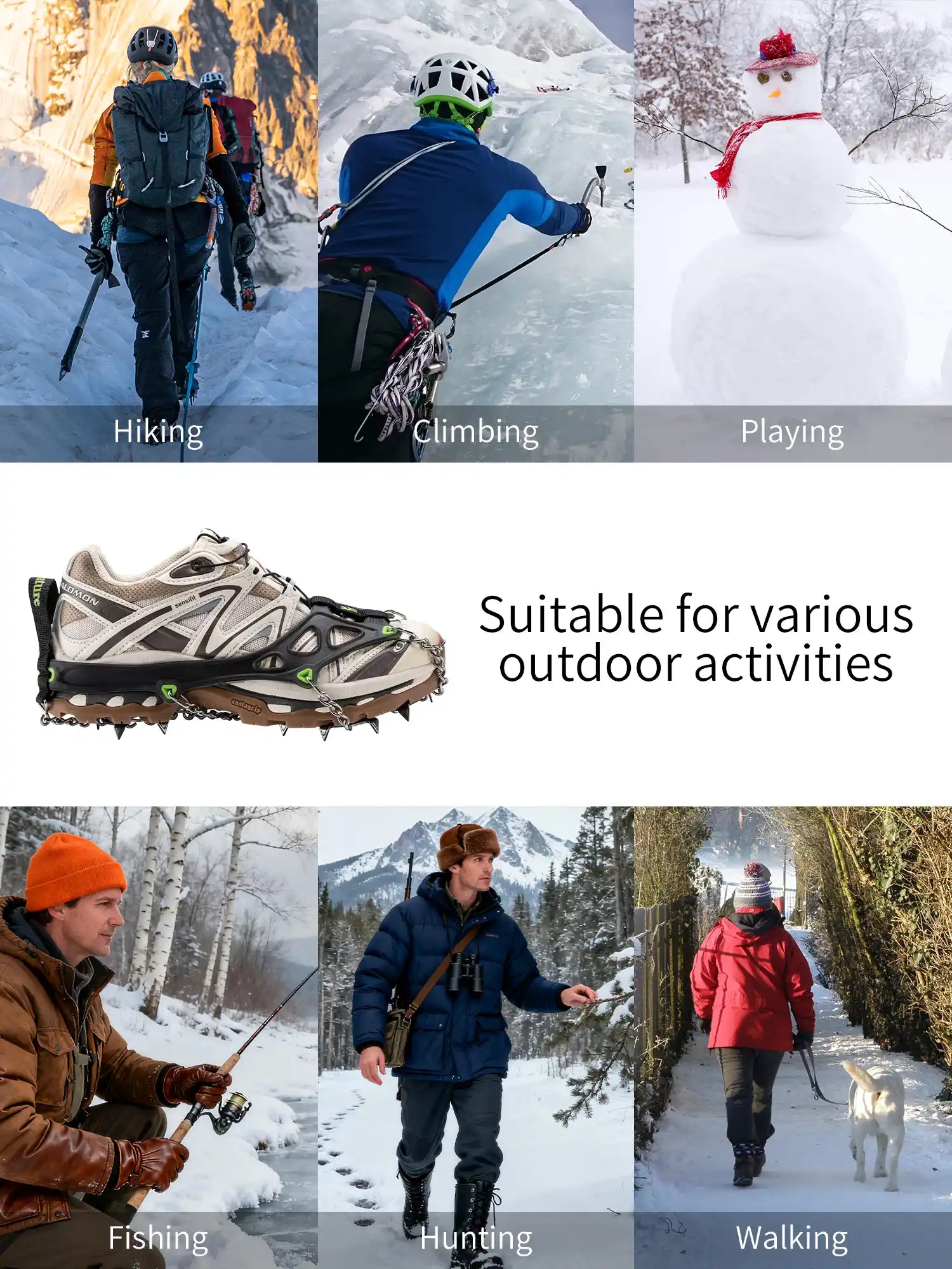 Collage of people engaging in various outdoor activities with text labels and a shoe displayed.