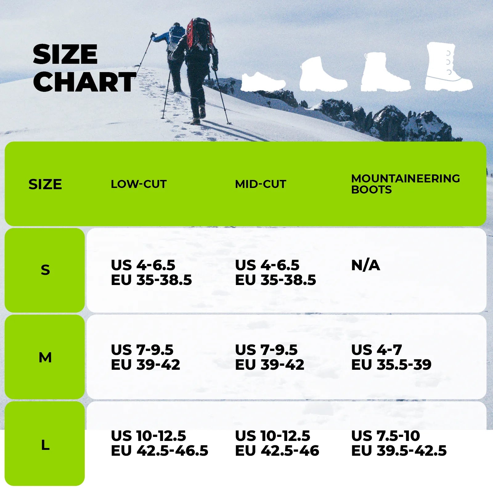 Size chart for shoes with a person in a snowy landscape