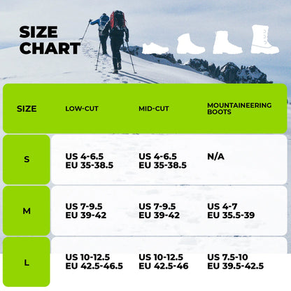 Size chart for shoes with a person in a snowy landscape