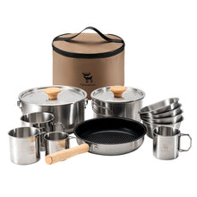Set of camping cookware with a carrying case on a white background