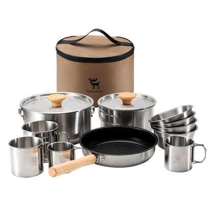 Set of camping cookware with a carrying case on a white background