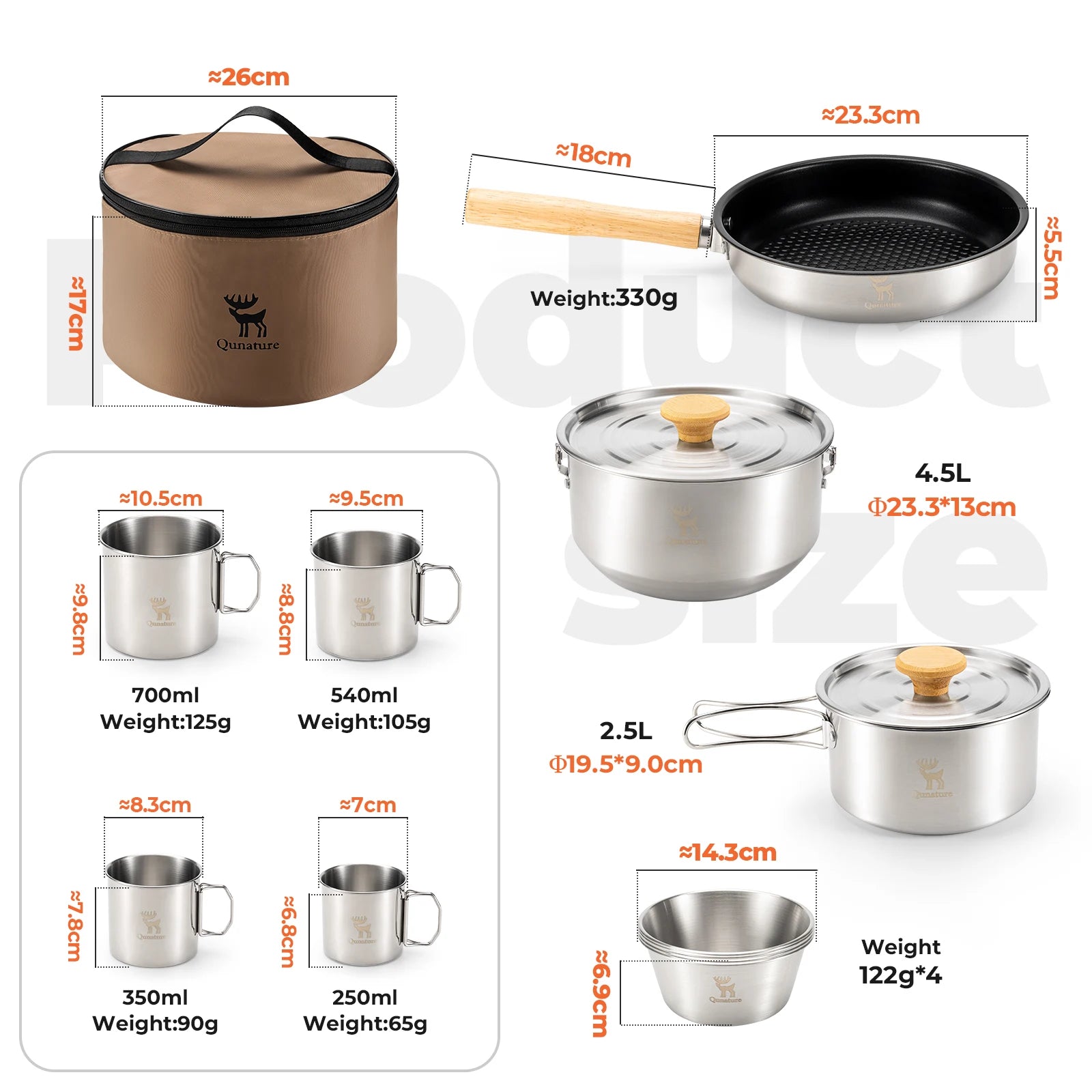 Set of stainless steel cookware with measurements and weights displayed.