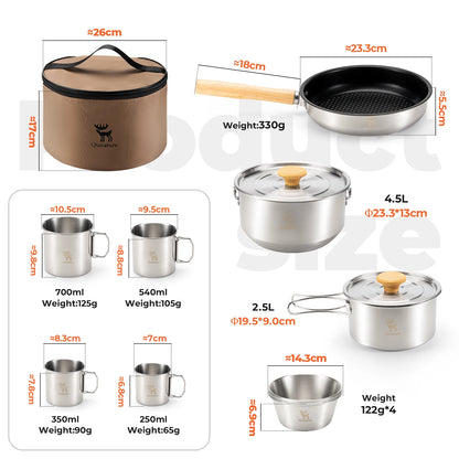Set of stainless steel cookware with measurements and weights displayed.