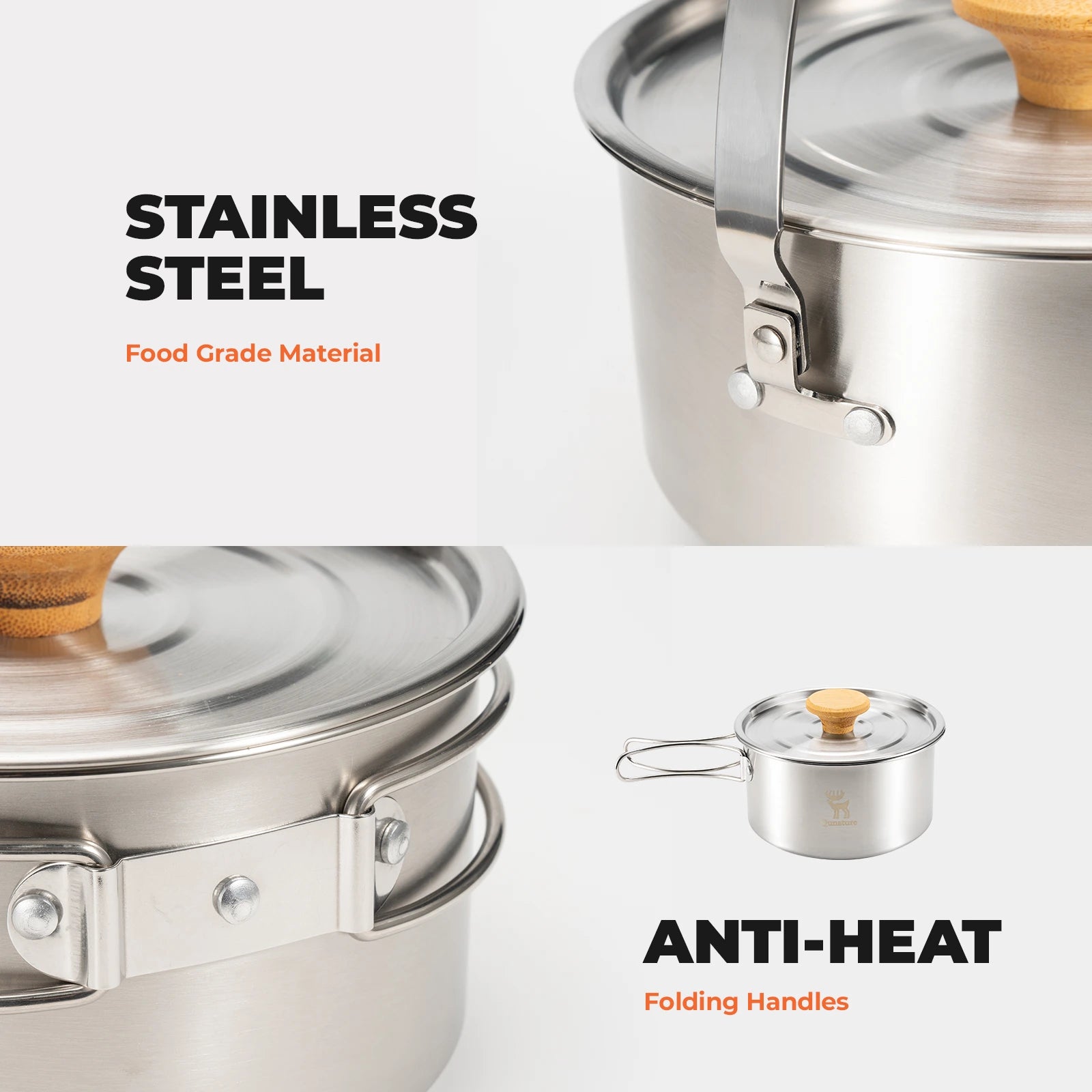 Stainless steel cookware set with anti-heat folding handles on a white background