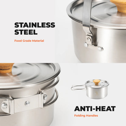 Stainless steel cookware set with anti-heat folding handles on a white background