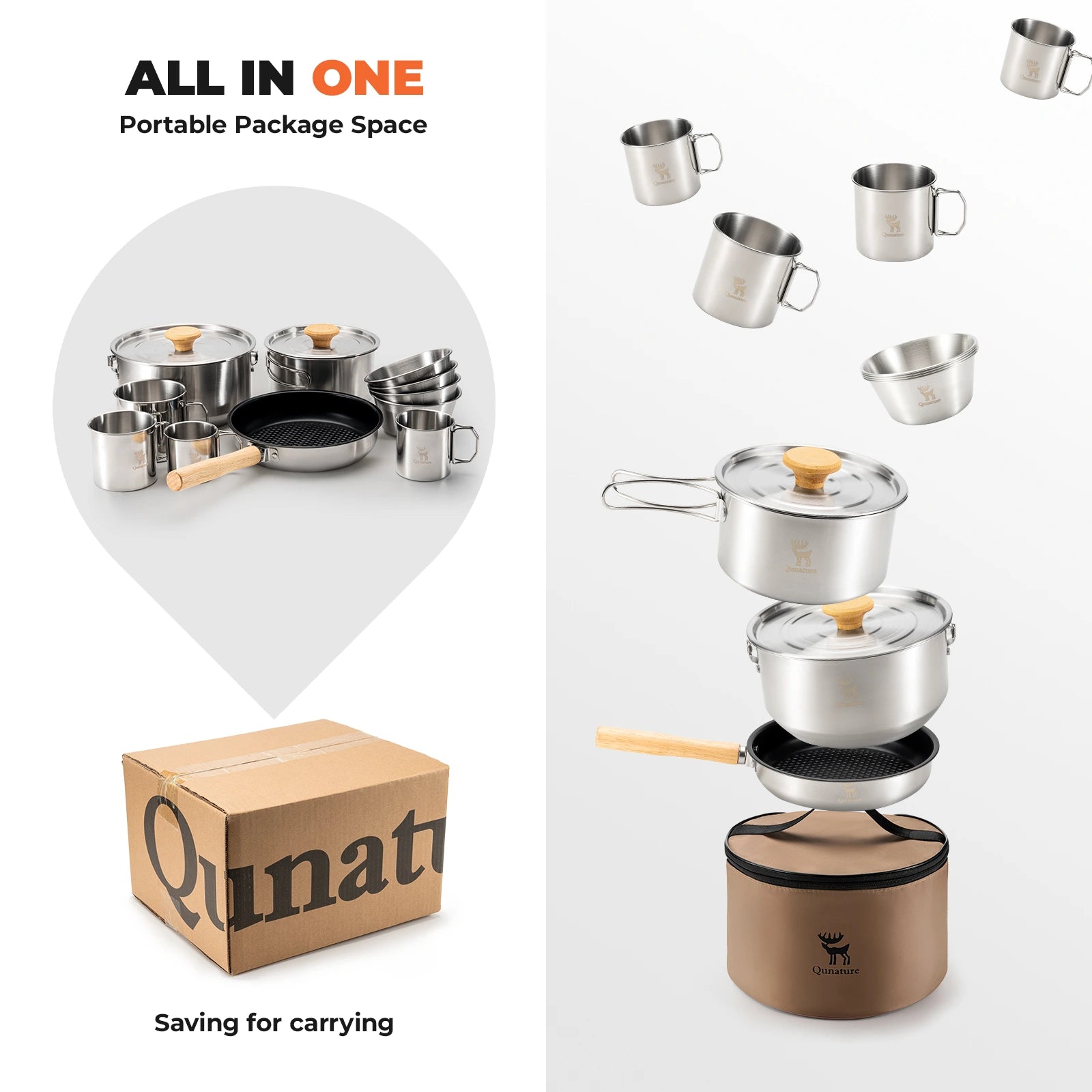 Set of portable cookware with a cardboard box labeled 'Quinault' on a white background.
