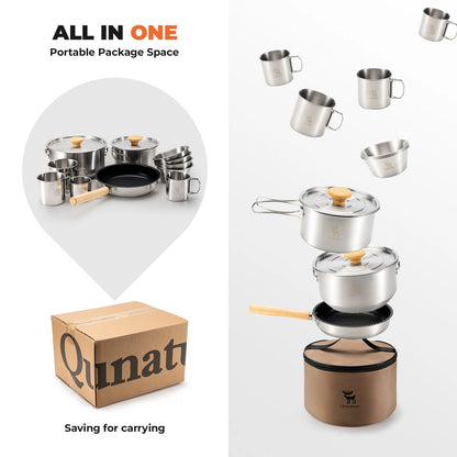 Set of portable cookware with a cardboard box labeled 'Quinault' on a white background.