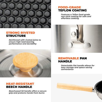 Product features of a pot with Teflon coating, riveted structure, heat-resistant handle, and removable handle.