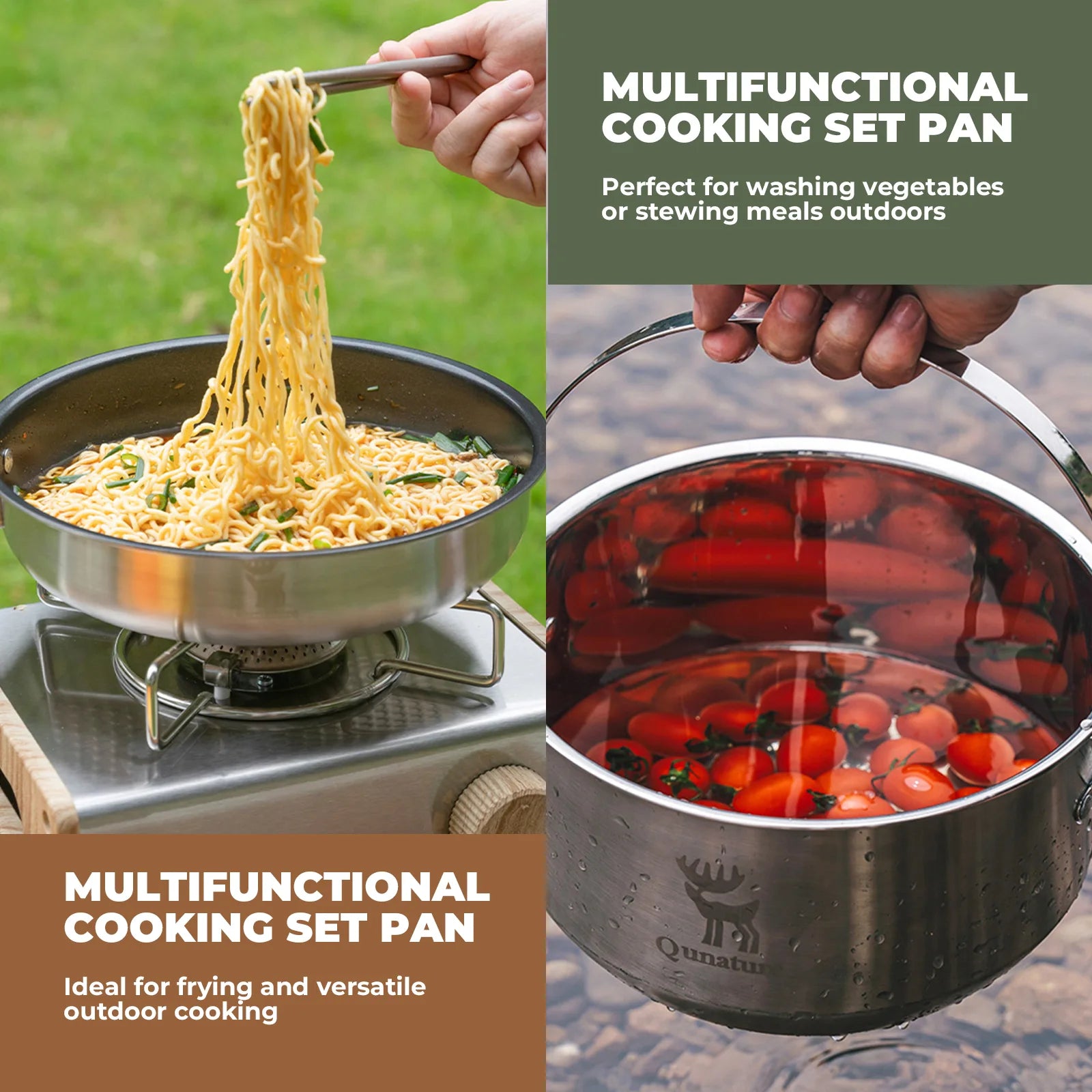 Multifunctional cooking set pan being used outdoors with text describing its uses.
