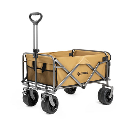 Beige folding wagon with metal frame on a white background