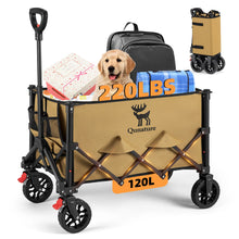 A khaki cart with a puppy and some items